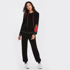 3D Flower Patch Velvet Hoodie & Sweatpants Set