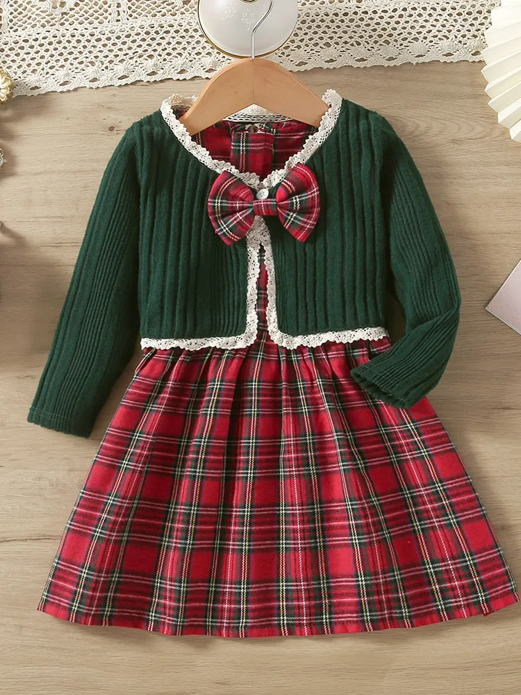 A Timeless Holiday Christmas Plaid Dress and Knit Cardigan Set