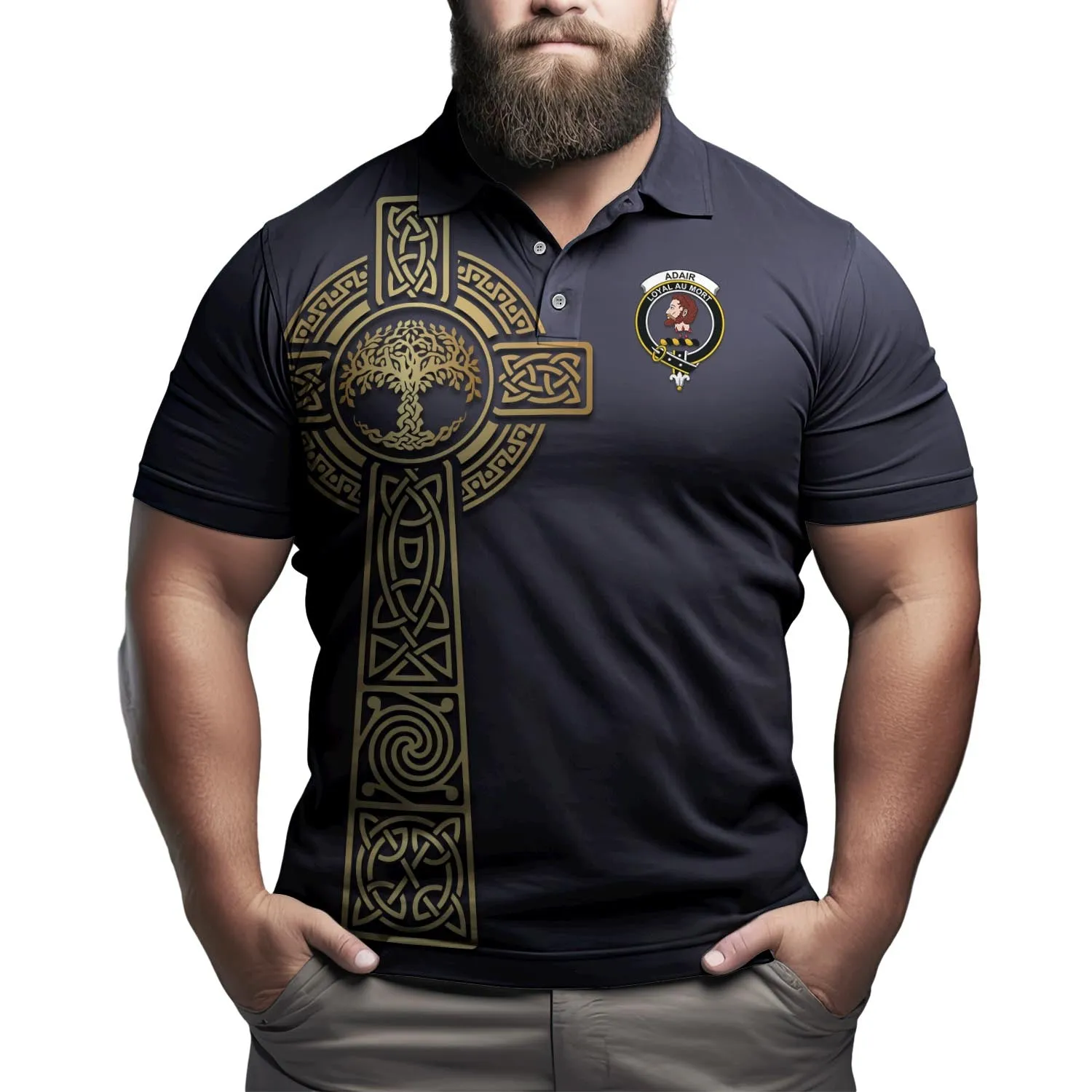 Adair Clan Polo Shirt with Golden Celtic Tree Of Life