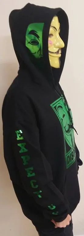 Anonymous Disobey Metallic Green Art Fully Decked With Sleeve Logos And Mask On Hoodie