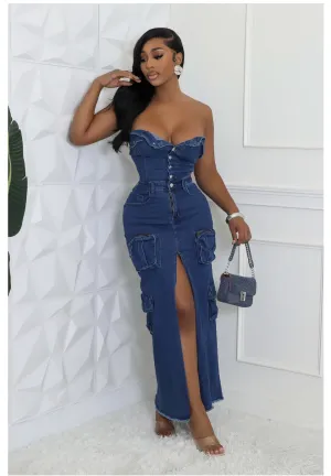 Arrival 3D Pocket Sexy Bandeau One-Shoulder Split Tooling Bag Denim Dress Autumn Dress