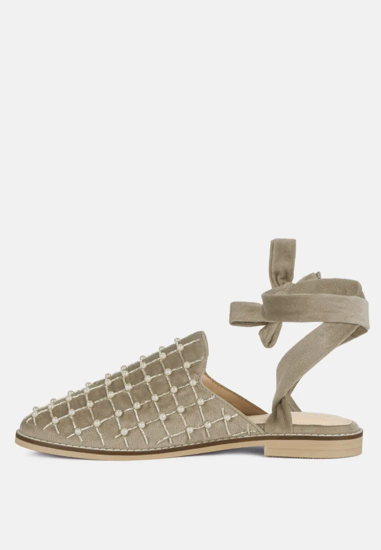 Asante Crisscross Beaded Veil Velvet Mules in Taupe