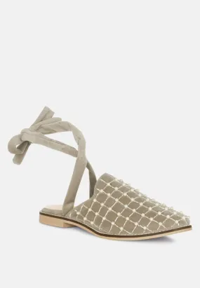 Asante Crisscross Beaded Veil Velvet Mules in Taupe