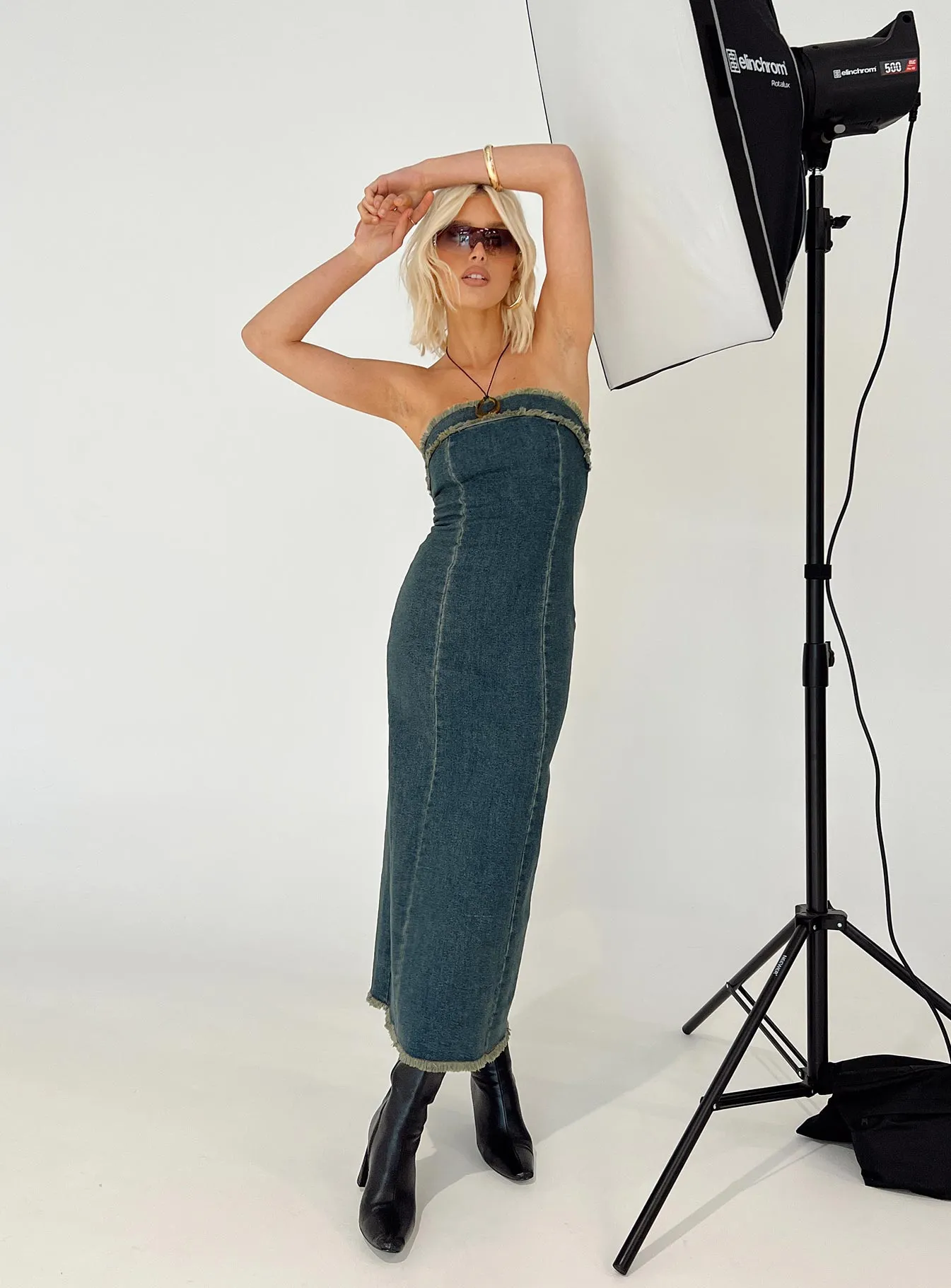 Atun Bandeau Maxi Dress Blue Acid Wash