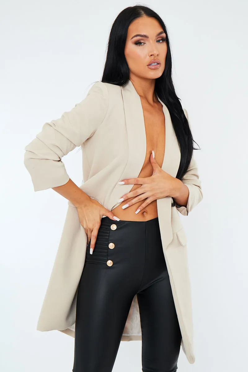 Beige Longline Ruched Sleeves Blazer - Mharlie