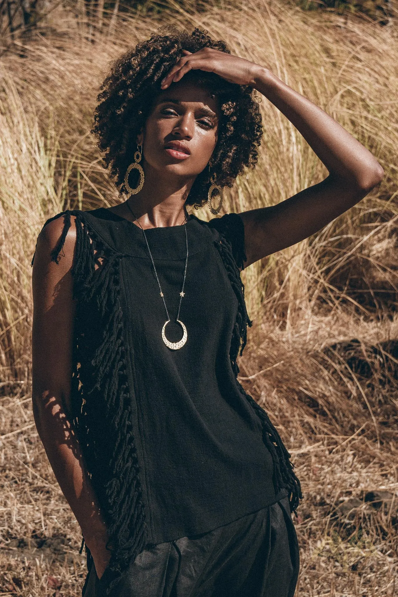 Black Bohemian Top with Tassels Sides