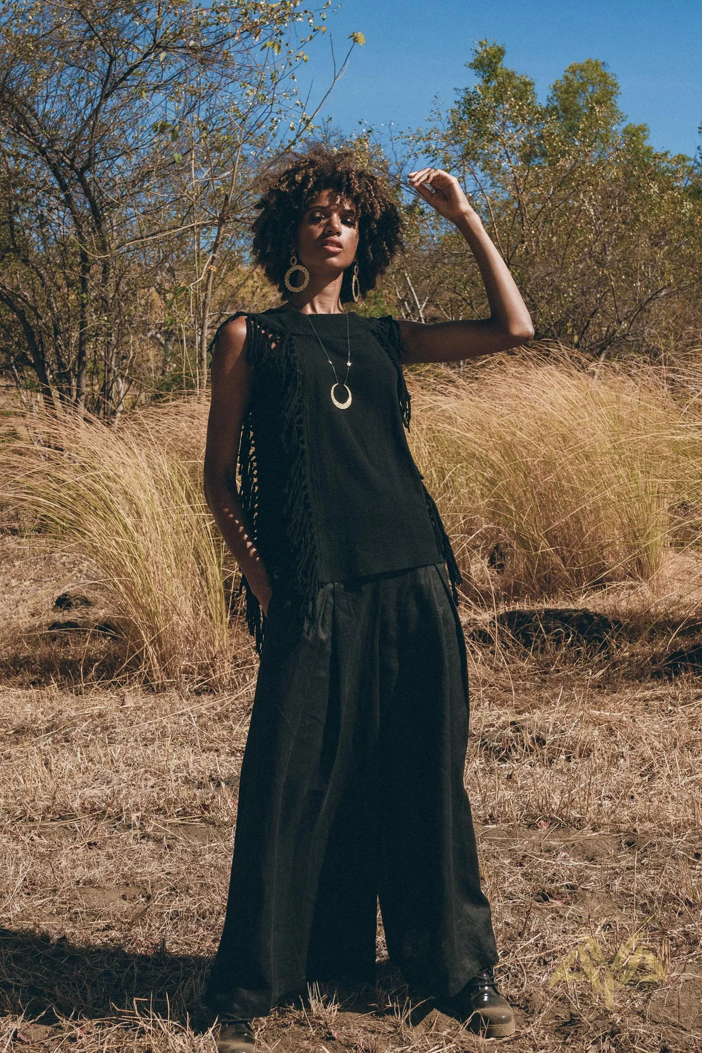 Black Bohemian Top with Tassels Sides