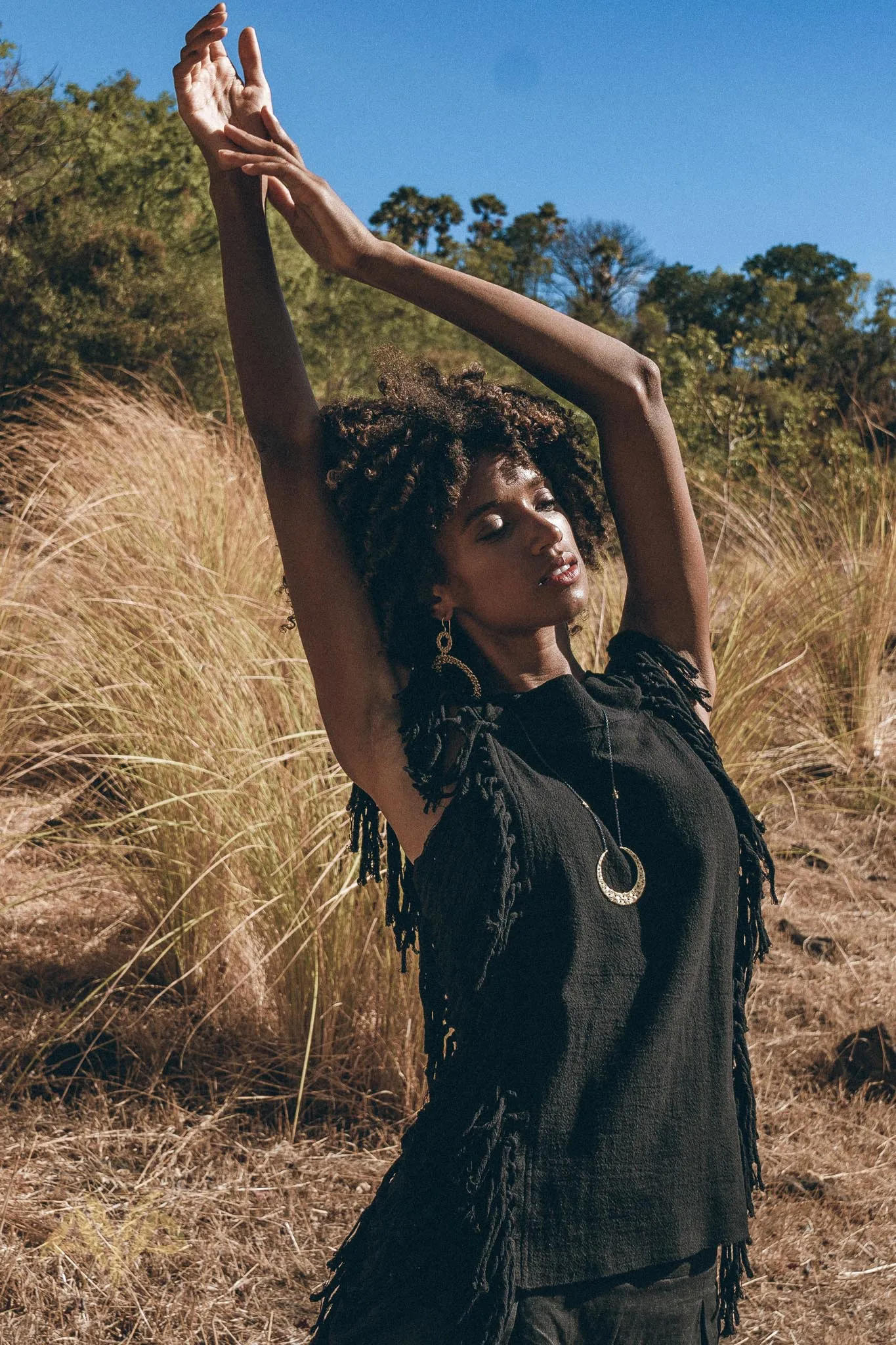 Black Bohemian Top with Tassels Sides