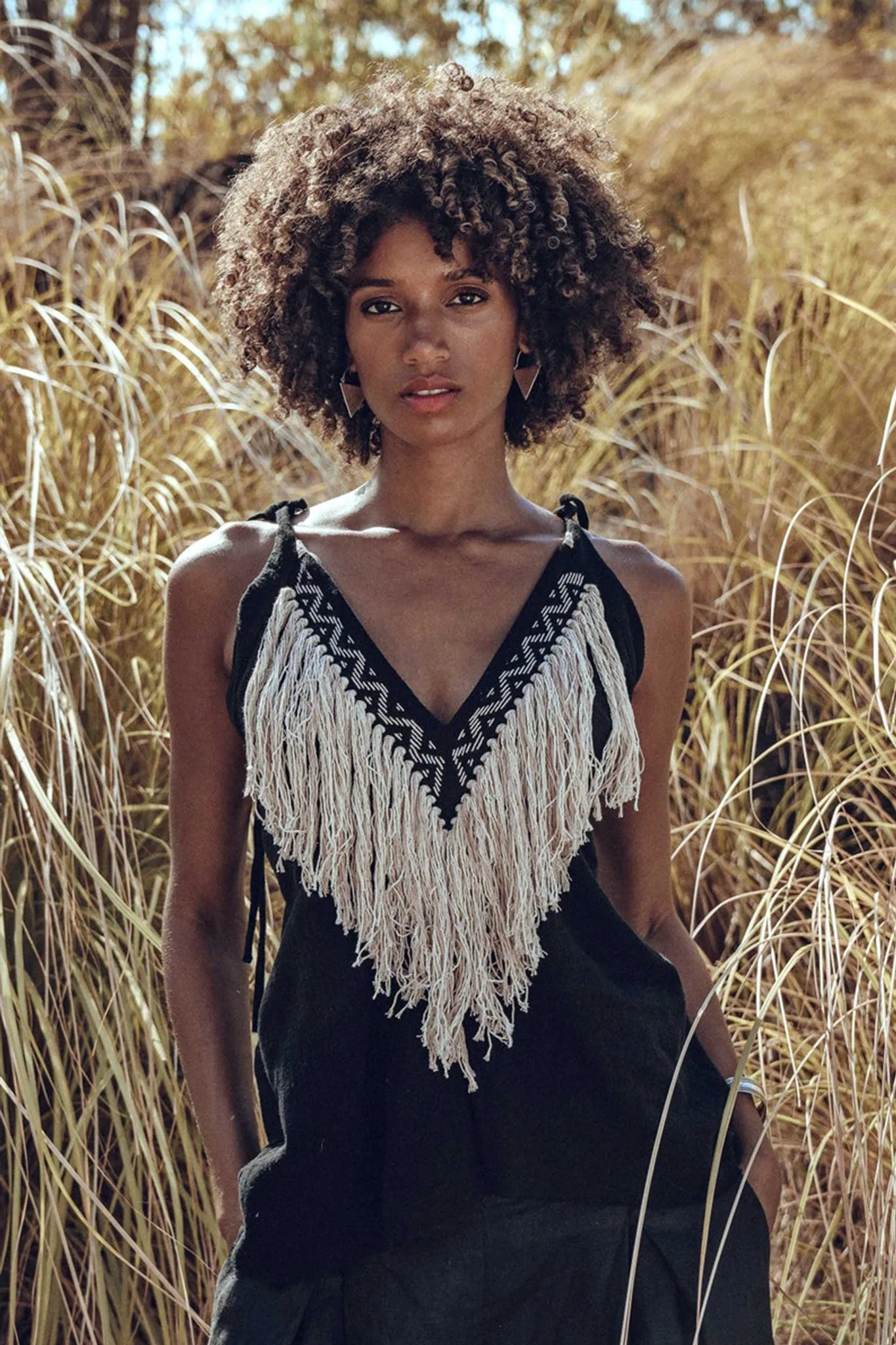 Black Boho Tunic Top with Tassels and Hand Embroidery