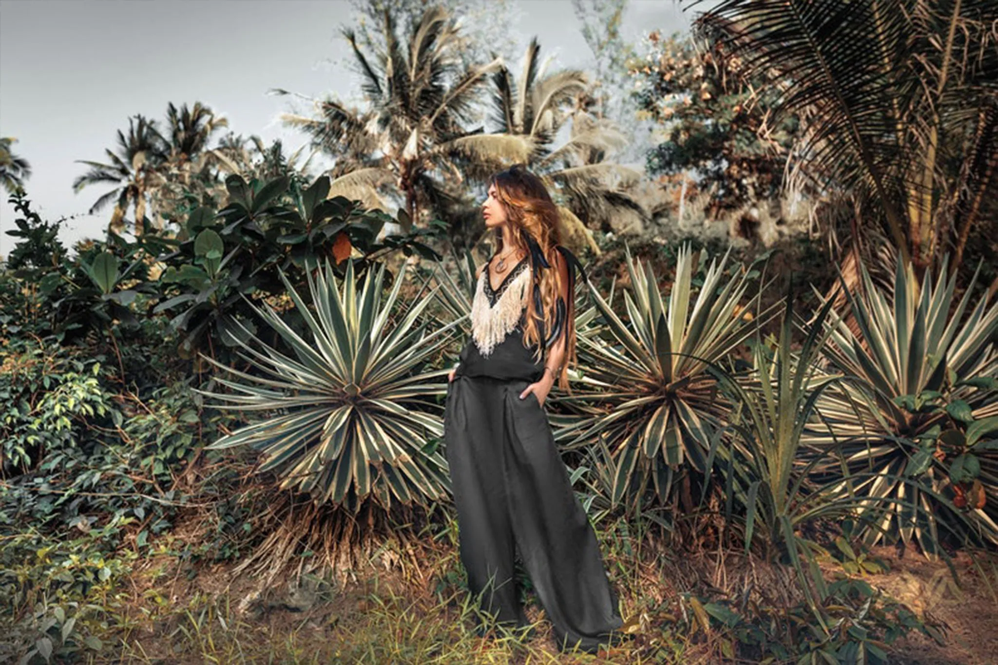 Black Boho Tunic Top with Tassels and Hand Embroidery