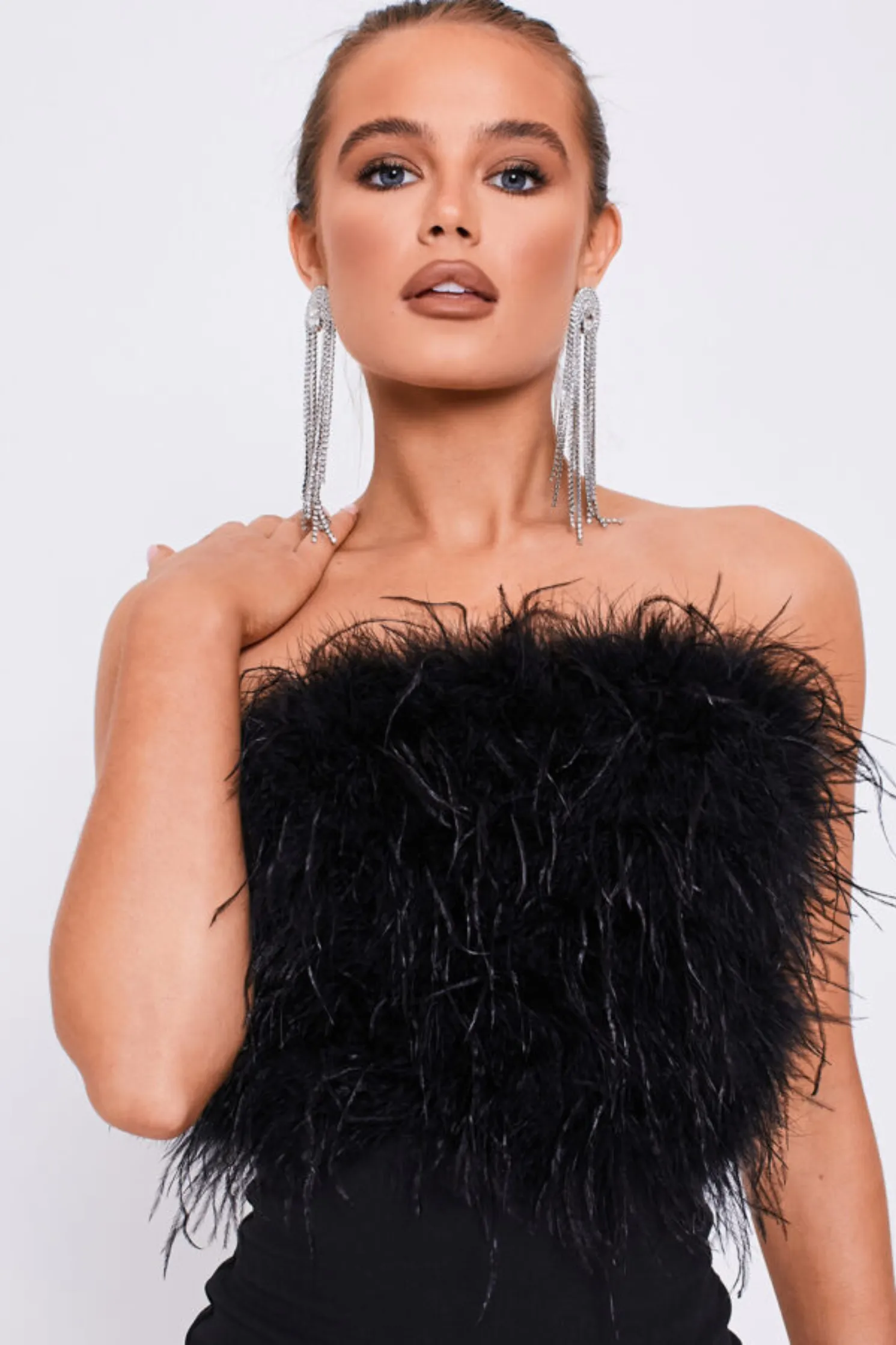 Black Feather Strapless Bodycon Slit Dress