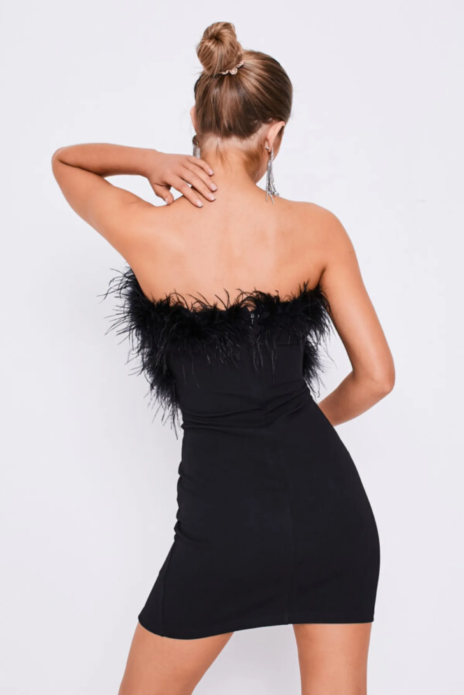 Black Feather Strapless Bodycon Slit Dress