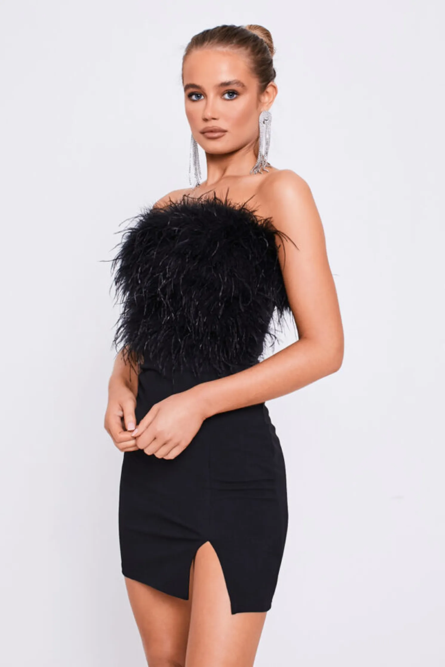 Black Feather Strapless Bodycon Slit Dress