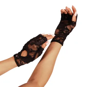 Black Lace Keyhole Fingerless Gloves, Short Floral Gloves for Women