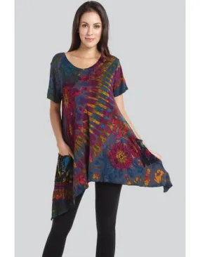 Blue Tie Dye Short Sleeves Tunic Top With Pocket, Thailand