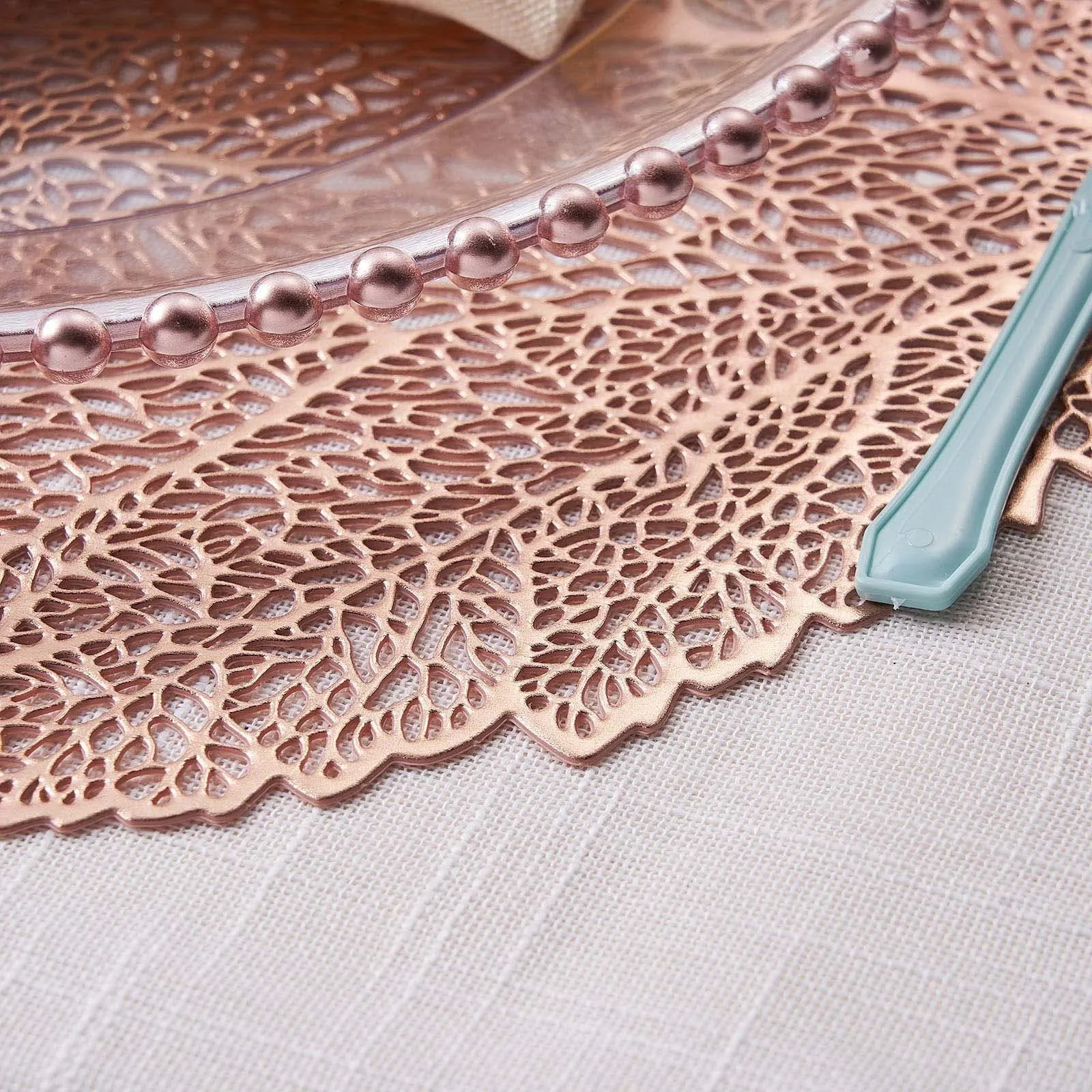 Blush Rose Gold Metallic Fall Leaf Placemats - 18 Inch Non-Slip Vinyl Dining Table Charger Home Decor (Set of 6)