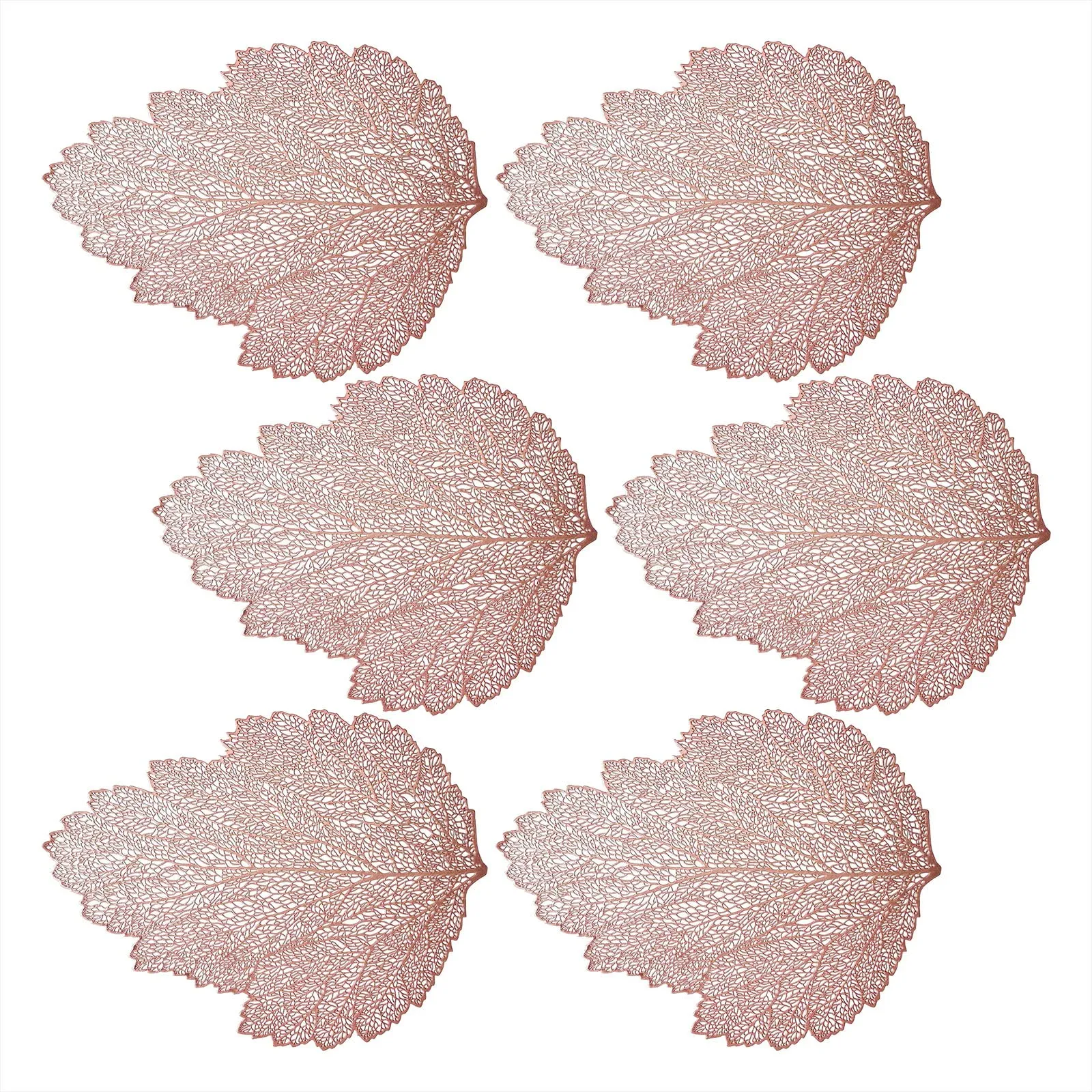 Blush Rose Gold Metallic Fall Leaf Placemats - 18 Inch Non-Slip Vinyl Dining Table Charger Home Decor (Set of 6)