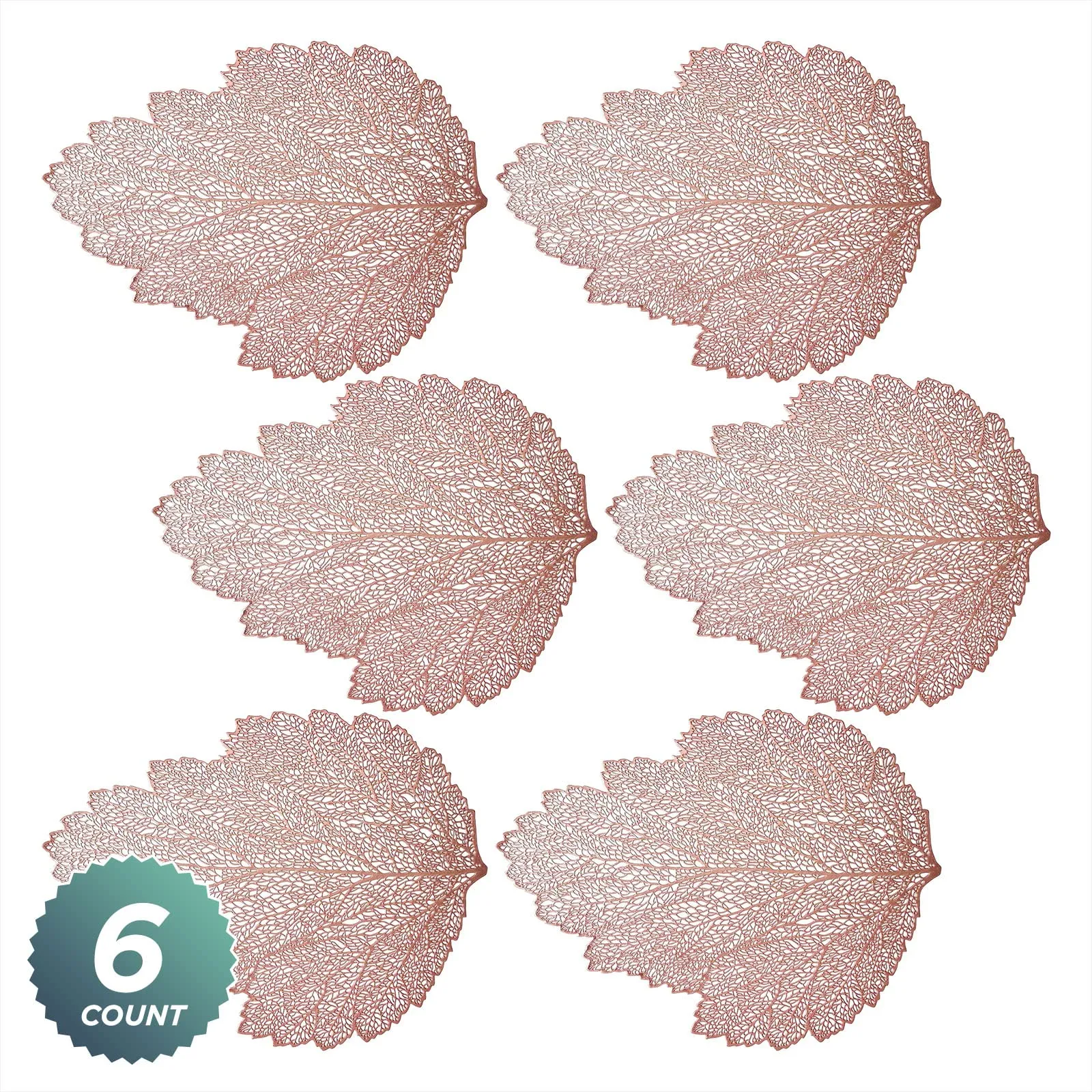 Blush Rose Gold Metallic Fall Leaf Placemats - 18 Inch Non-Slip Vinyl Dining Table Charger Home Decor (Set of 6)