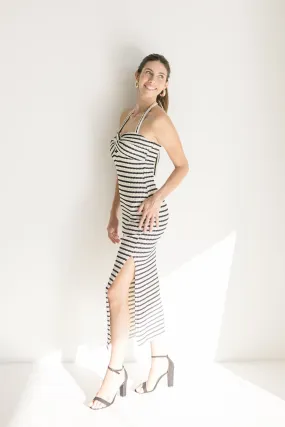 Brooke Sleeveless Halter Tie Stripe Print Knit Maxi Dress Black