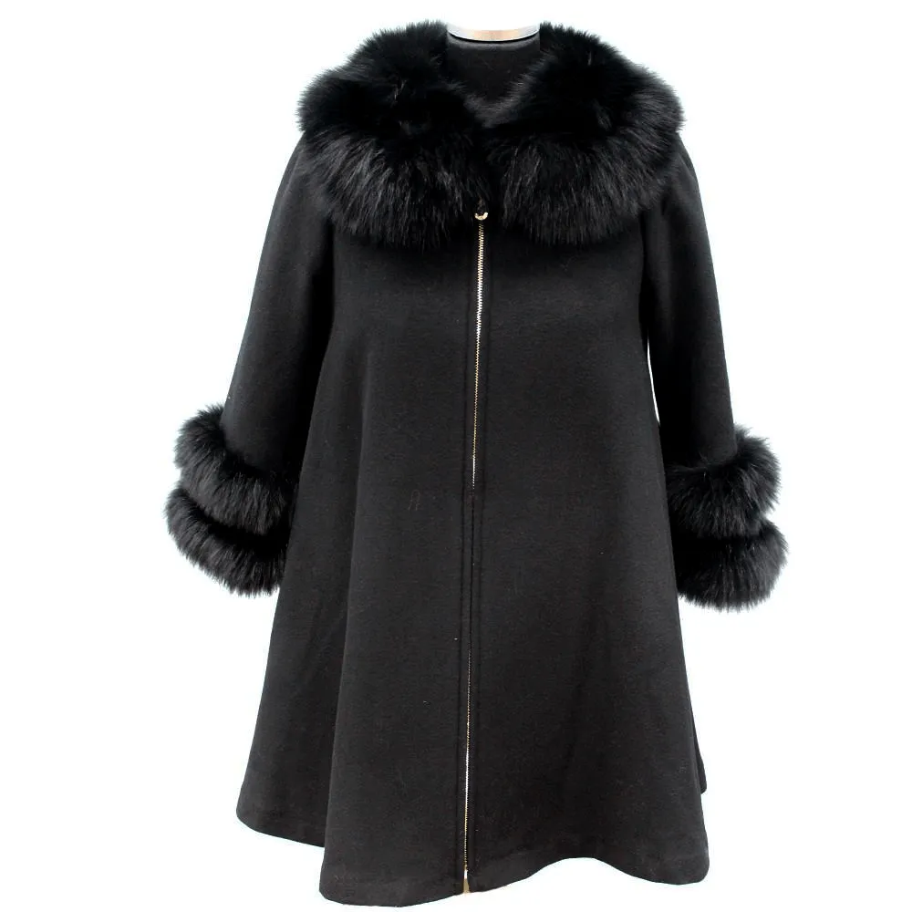 Coat with Fox Fur Collar and Fur Trim Sleeves-Black