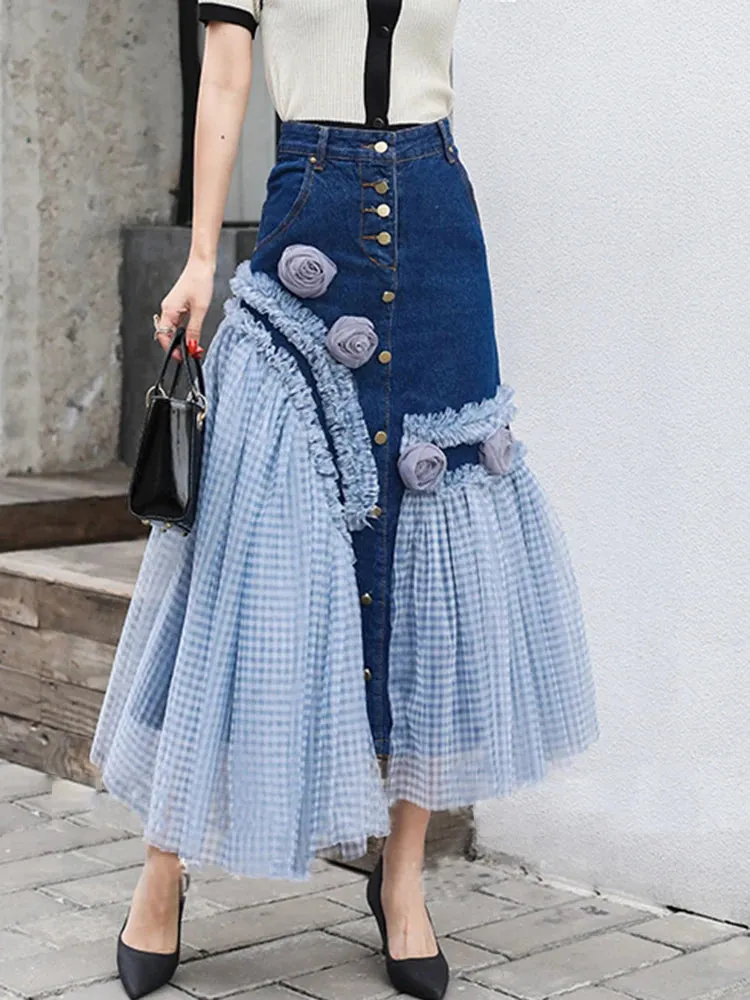 Colorblock Patchwork Mesh Denim Skirts For Women High Waist Spliced Appliques Slimming Bodycon Skirt Female