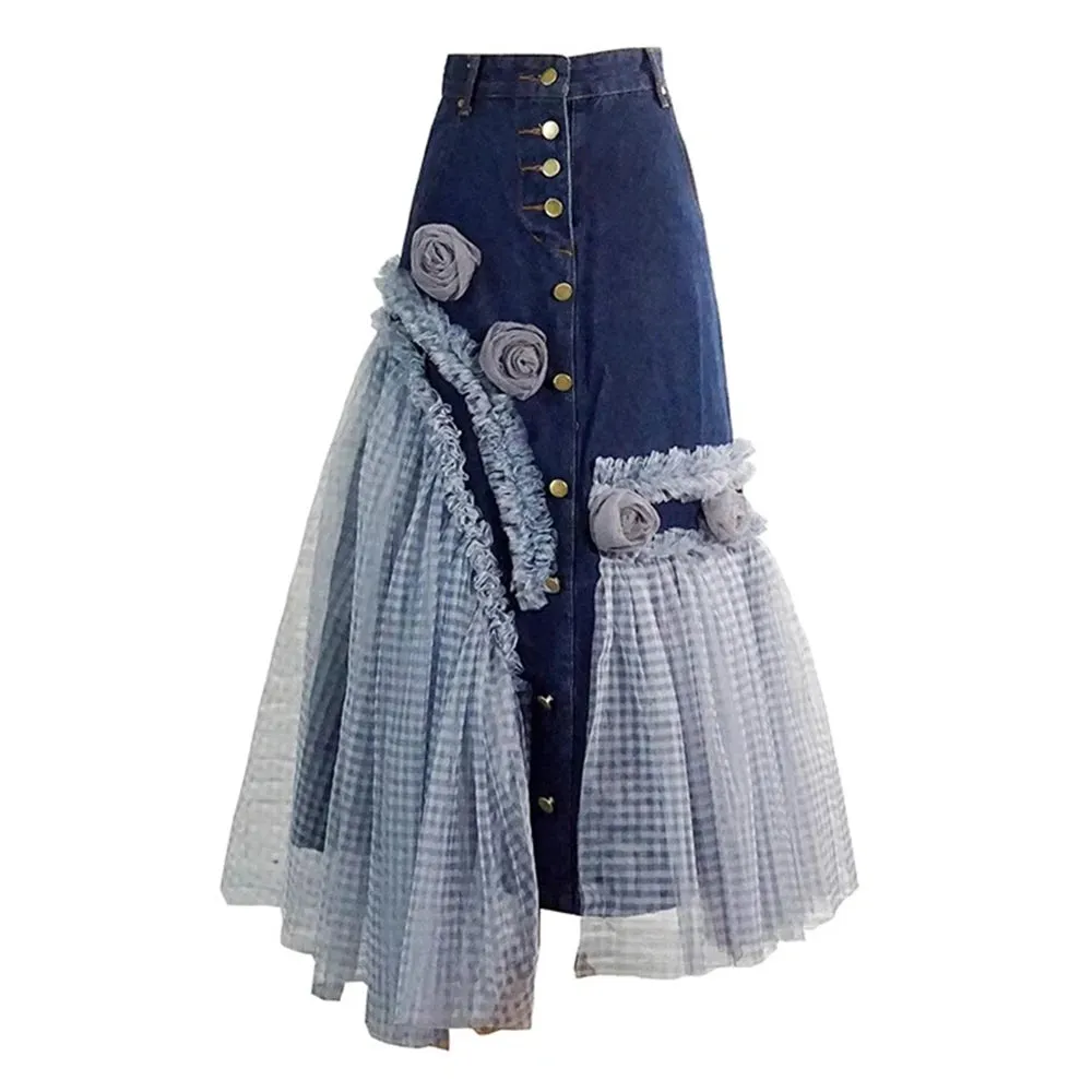 Colorblock Patchwork Mesh Denim Skirts For Women High Waist Spliced Appliques Slimming Bodycon Skirt Female