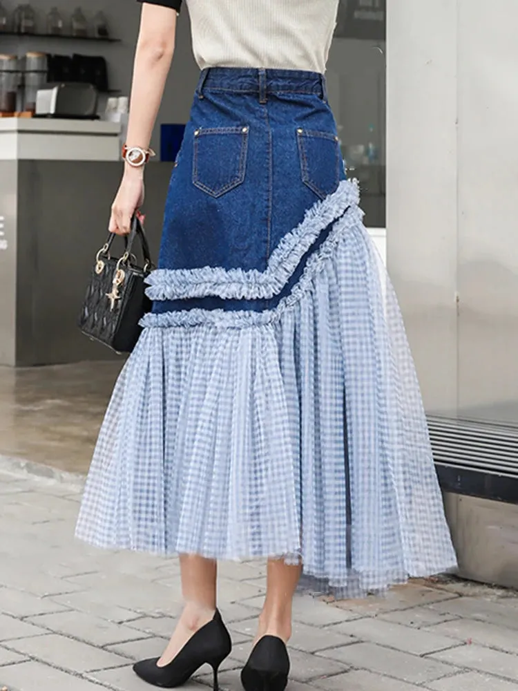 Colorblock Patchwork Mesh Denim Skirts For Women High Waist Spliced Appliques Slimming Bodycon Skirt Female