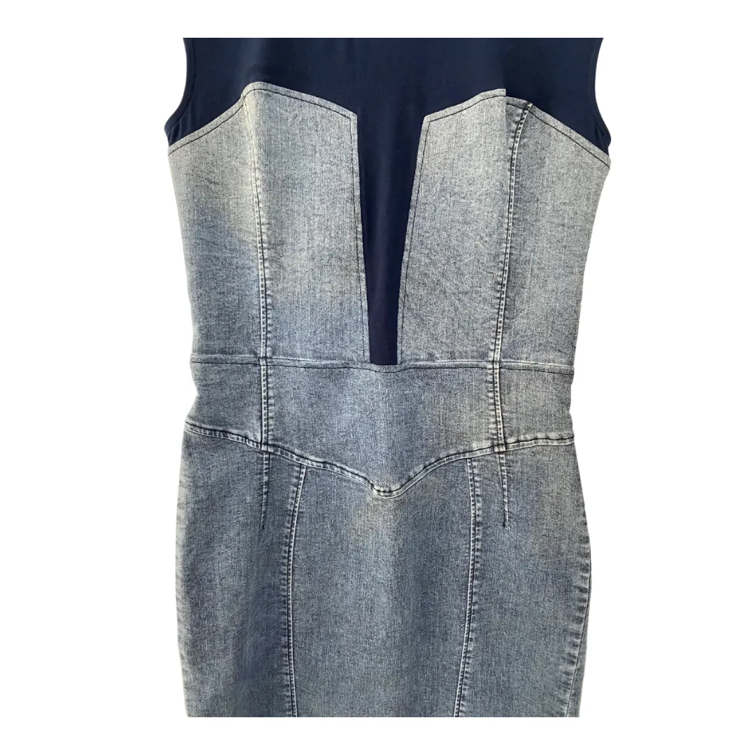 Contrast Denim Bodycon Dress Blue SIZE 12