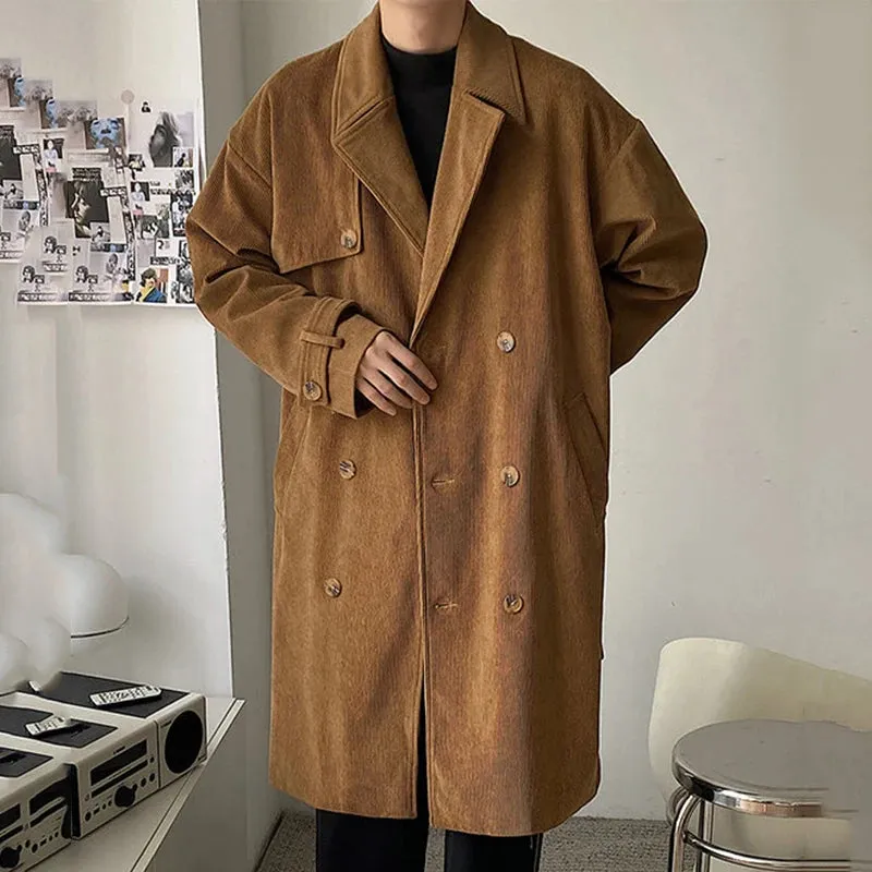 Corduroy Double Breasted Coat Windbreaker Jacket Men Autumn Winter Warm Coat Solid Color Fashion Tide 9C6982