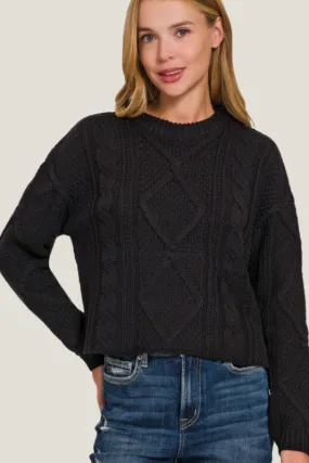 Crop Cable Knit Sweater (Black)