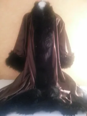 Custom Order Black Velvet & Brown Satin & Faux Fur Reversible Gatsby Inspired Cocoon Maxi Coat