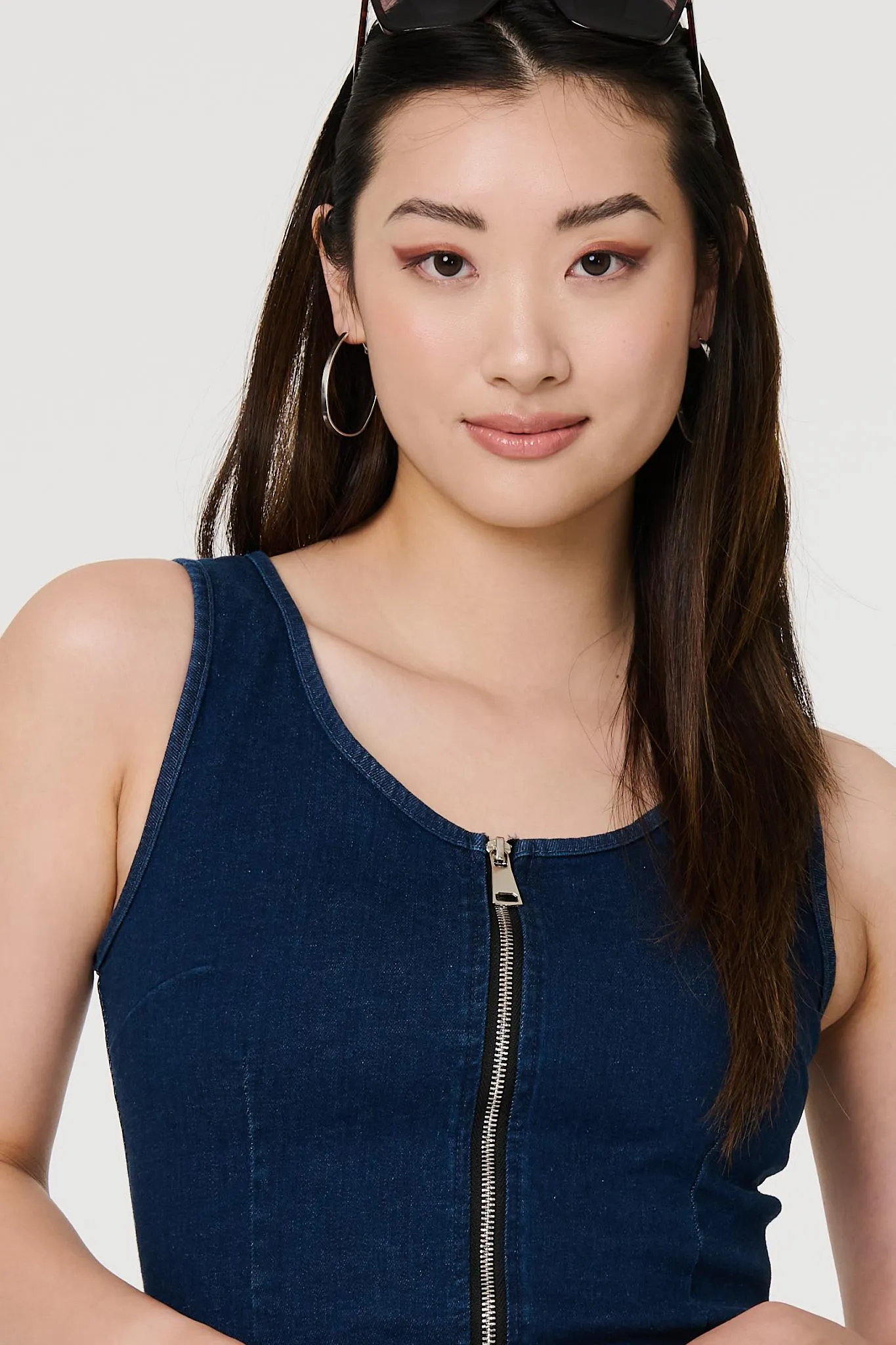 Denim Sleeveless Zip Front Shift Dress