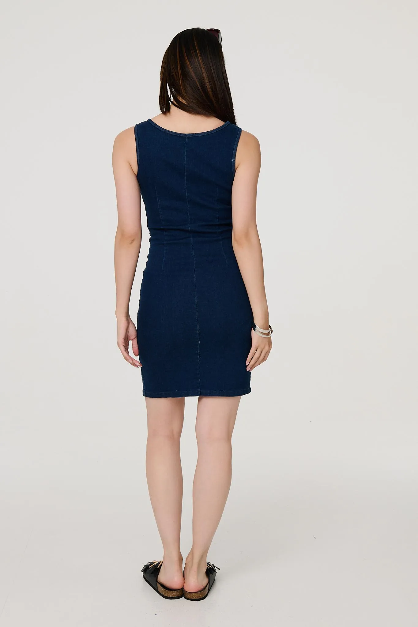 Denim Sleeveless Zip Front Shift Dress