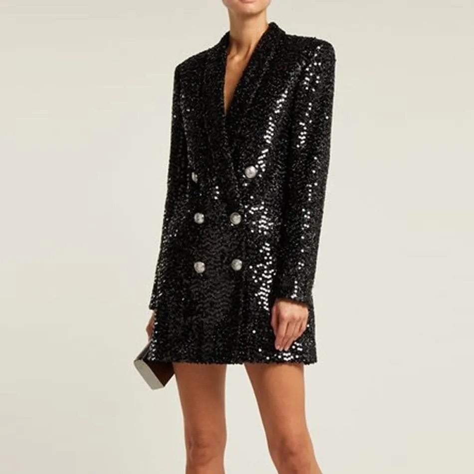 Devi Double Breasted Glitter Sequined Blazer