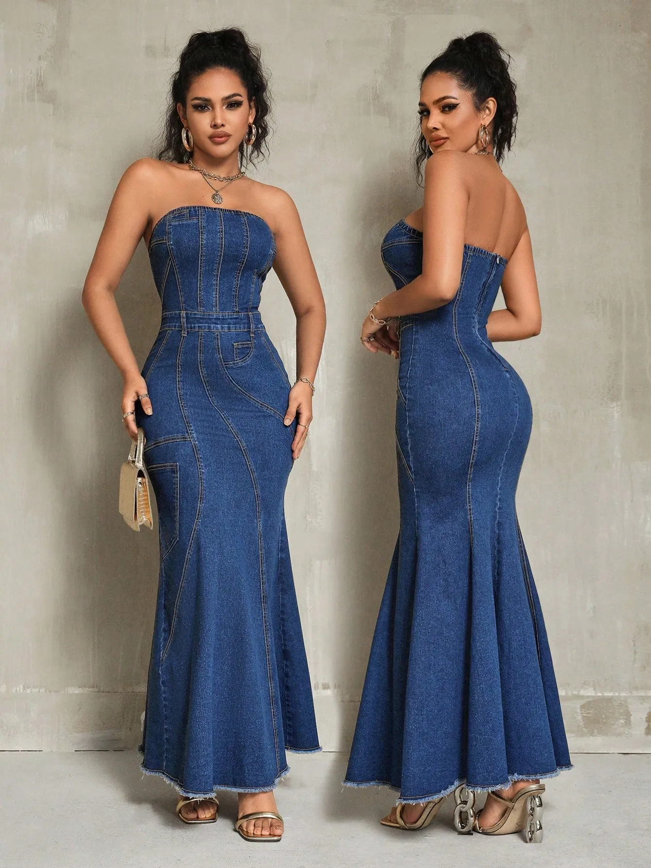 Elegant Denim Strapless Mermaid Hem Maxi Dress