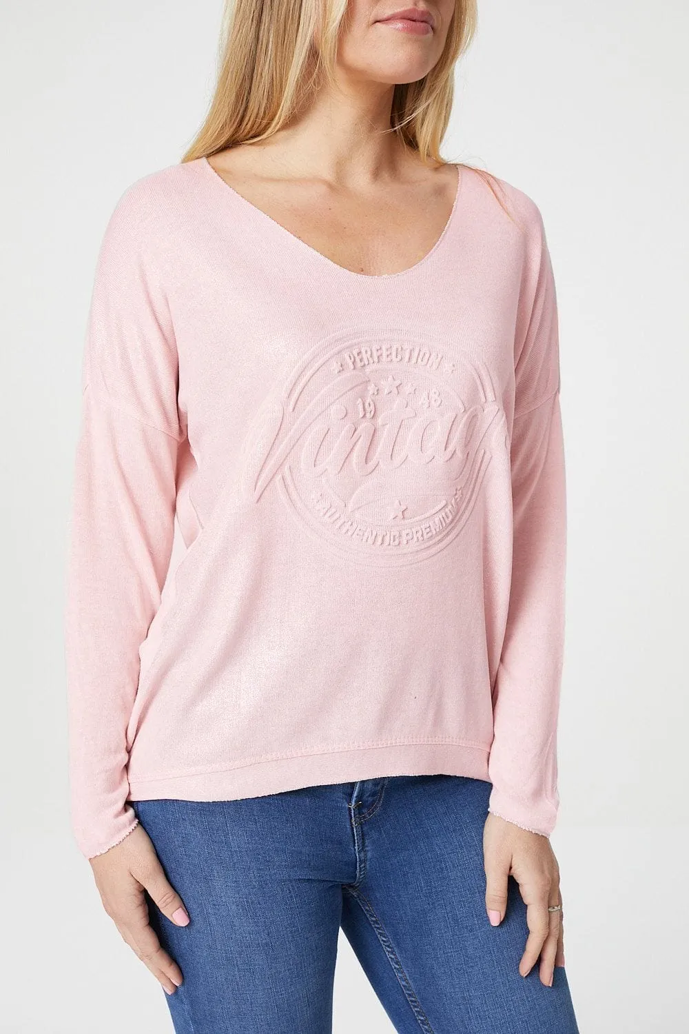 Embossed Logo Print Slouchy Top