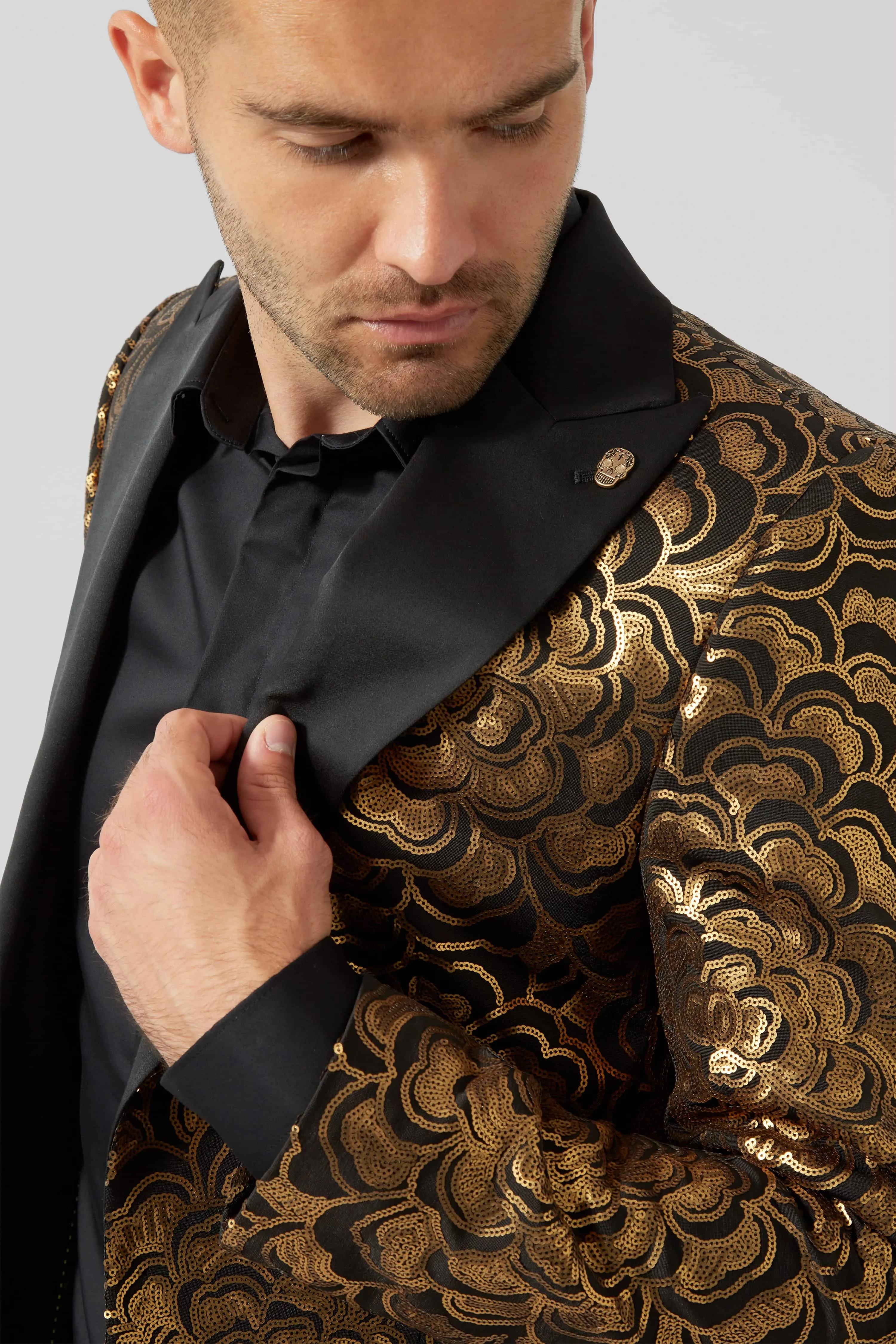 Emiliano Skinny Fit Gold Floral Sequin Jacket