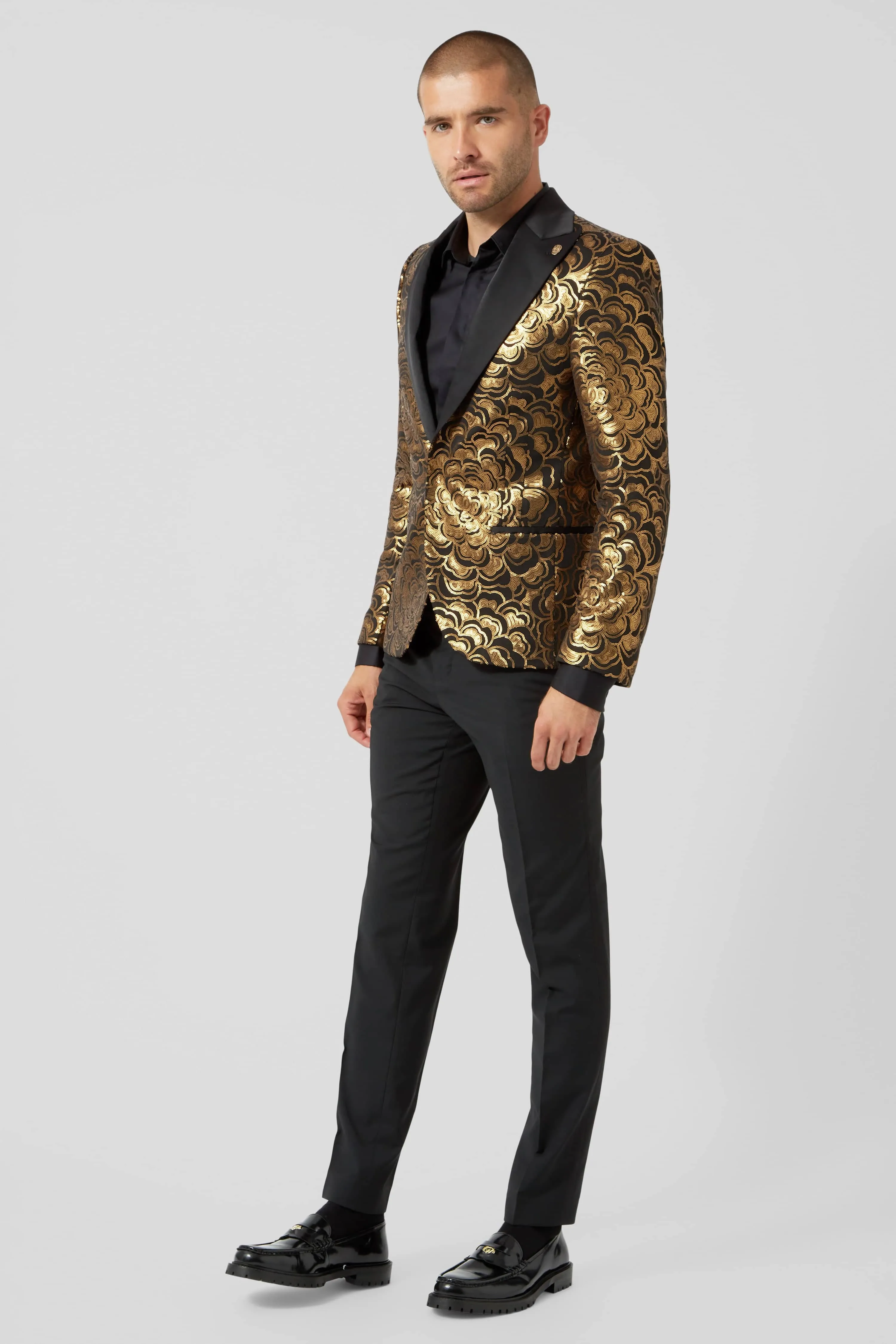 Emiliano Skinny Fit Gold Floral Sequin Jacket