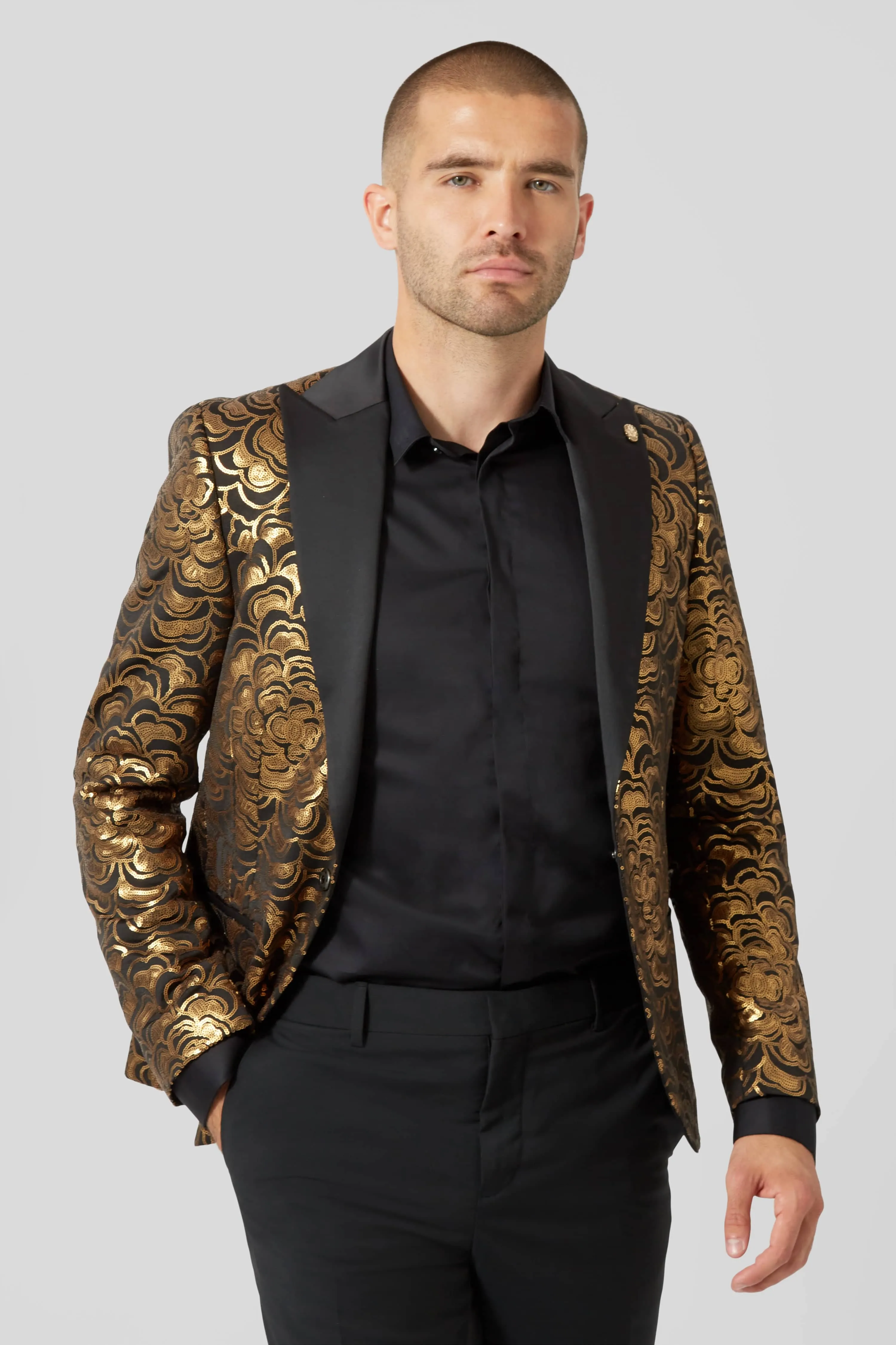 Emiliano Skinny Fit Gold Floral Sequin Jacket