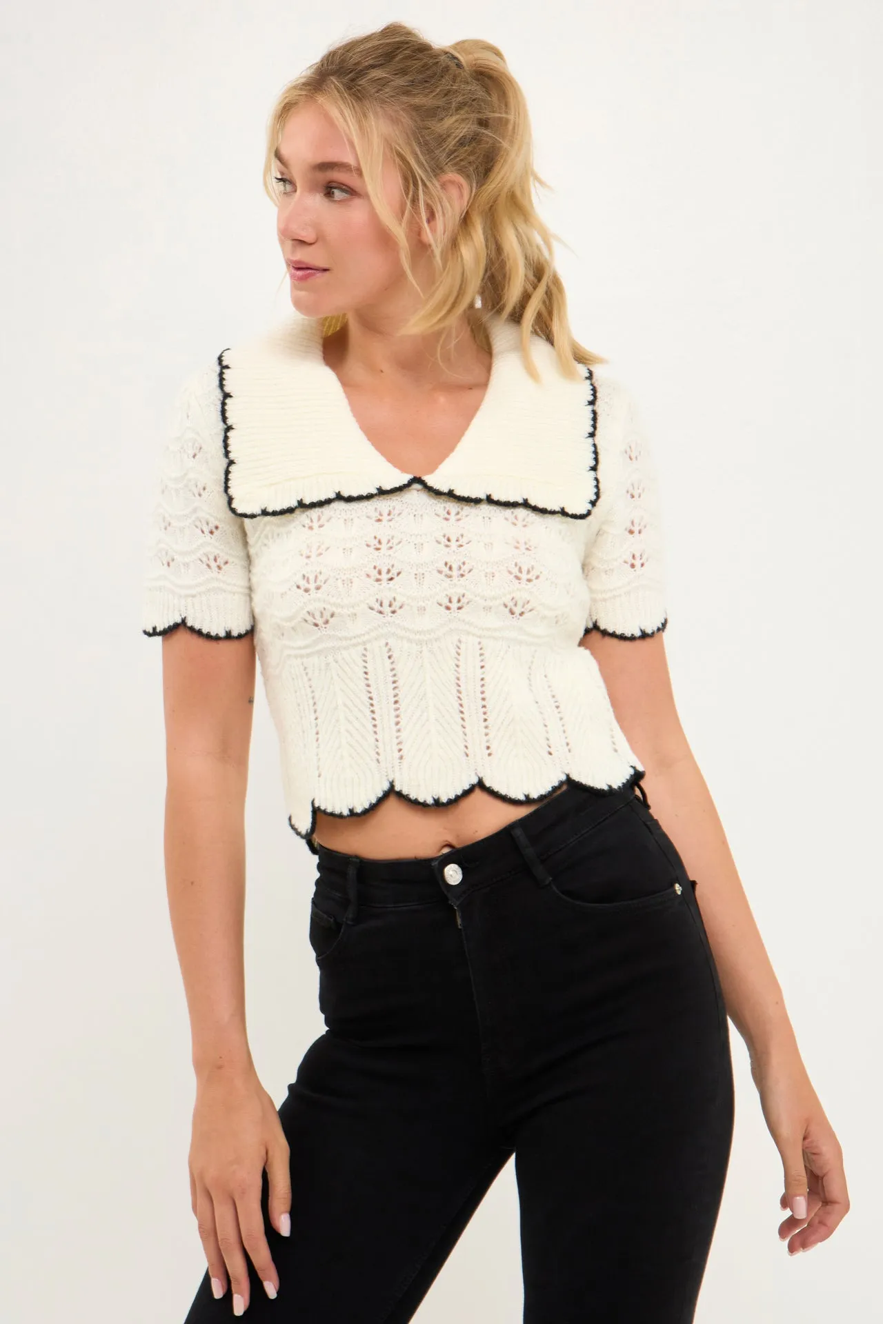 Endless Rose - Short Puff Sleeve Scalloped Knit Top