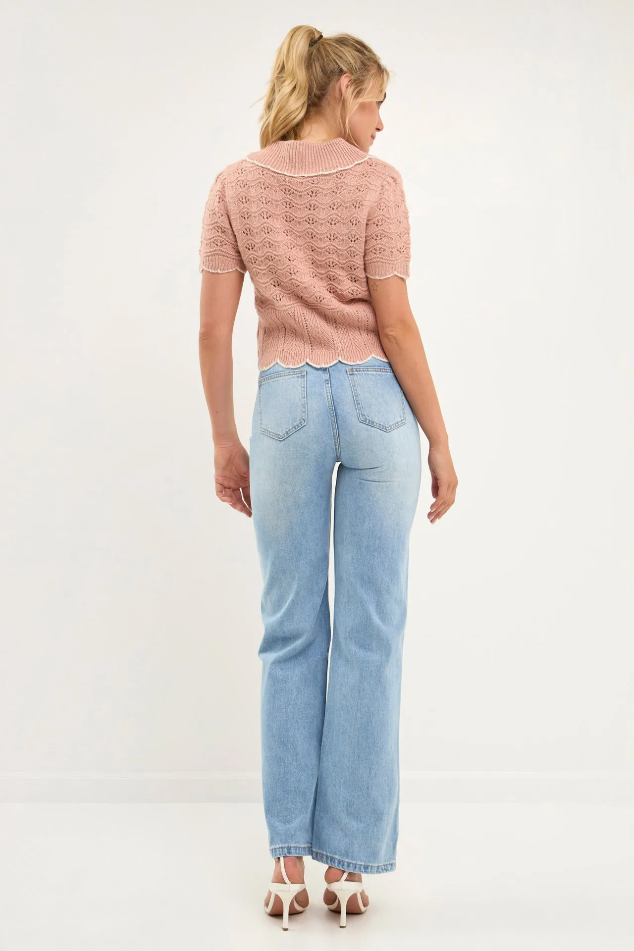 Endless Rose - Short Puff Sleeve Scalloped Knit Top