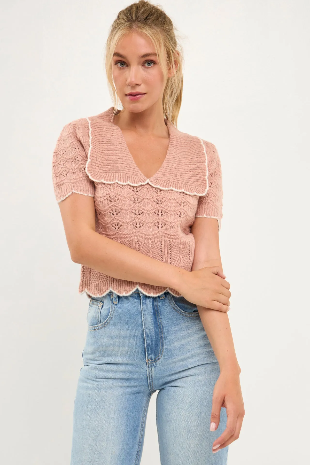 Endless Rose - Short Puff Sleeve Scalloped Knit Top