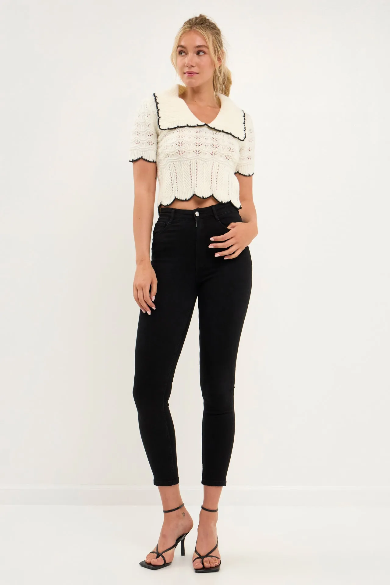 Endless Rose - Short Puff Sleeve Scalloped Knit Top