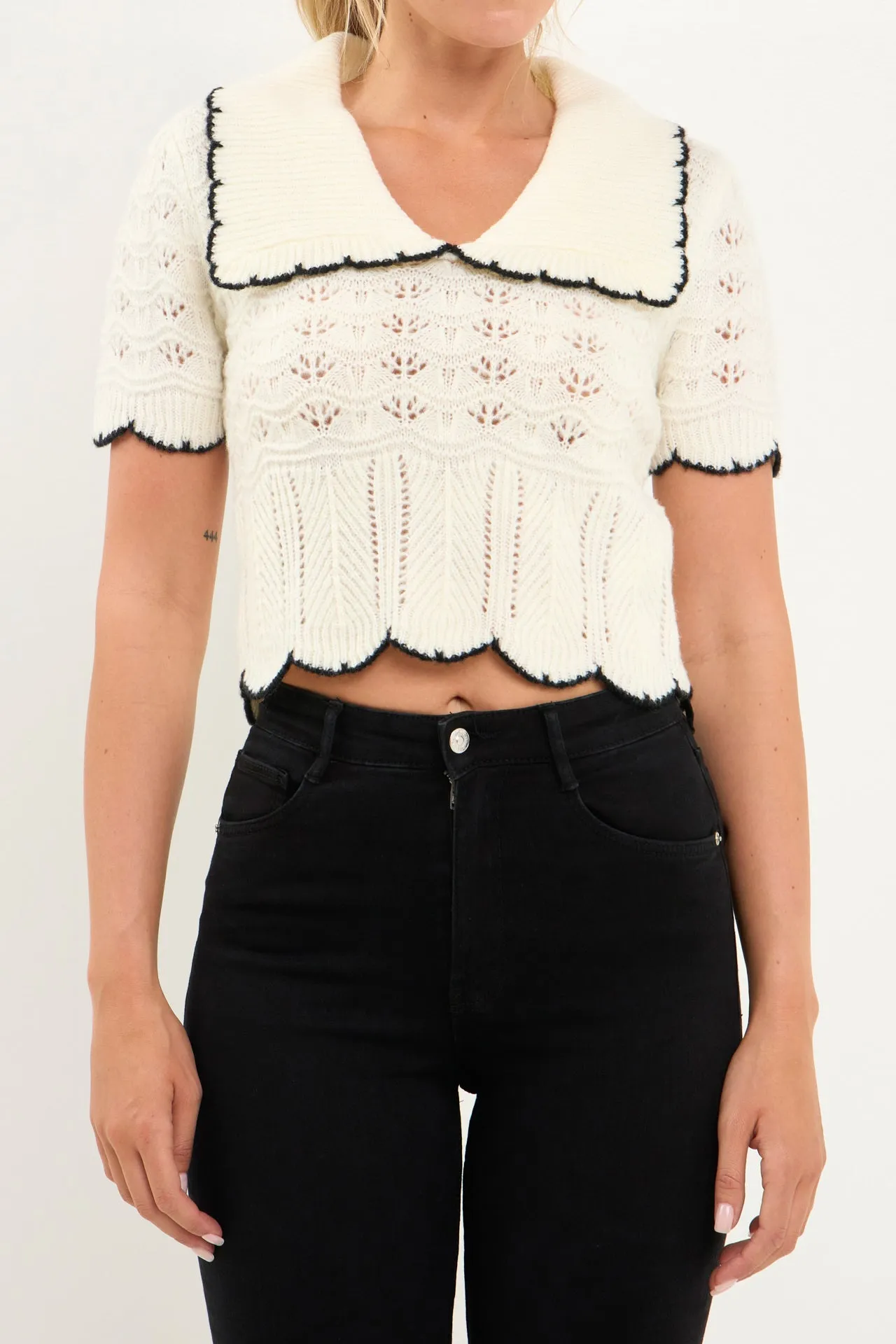 Endless Rose - Short Puff Sleeve Scalloped Knit Top