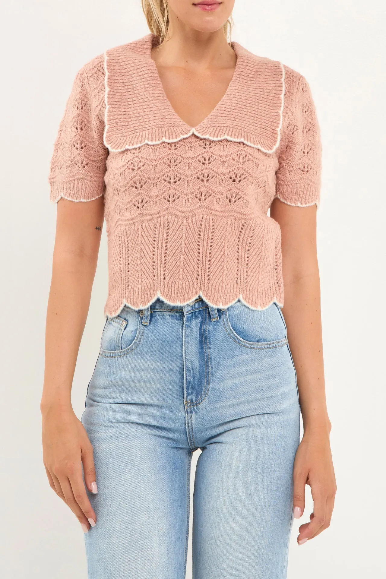 Endless Rose - Short Puff Sleeve Scalloped Knit Top