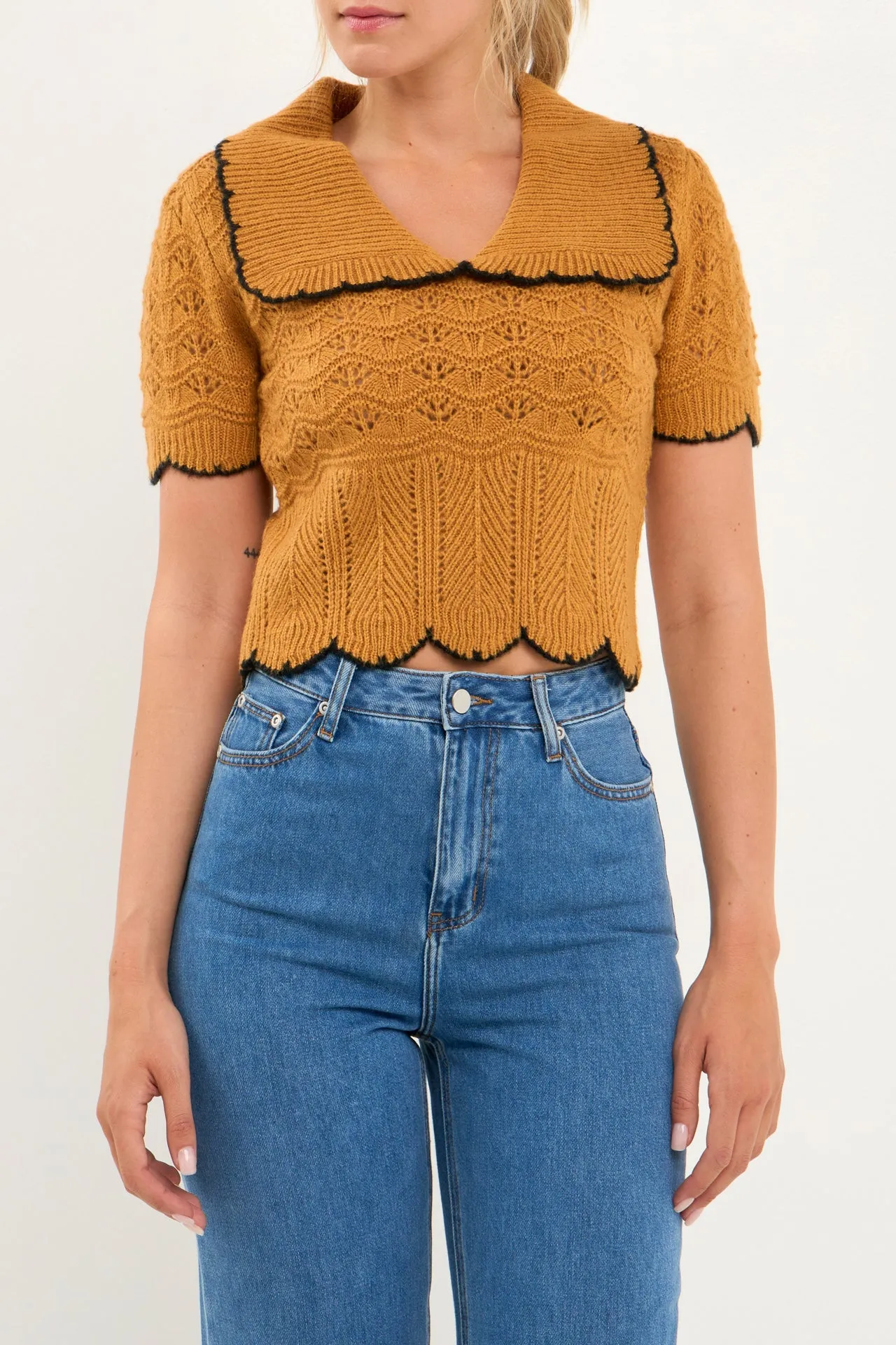 Endless Rose - Short Puff Sleeve Scalloped Knit Top