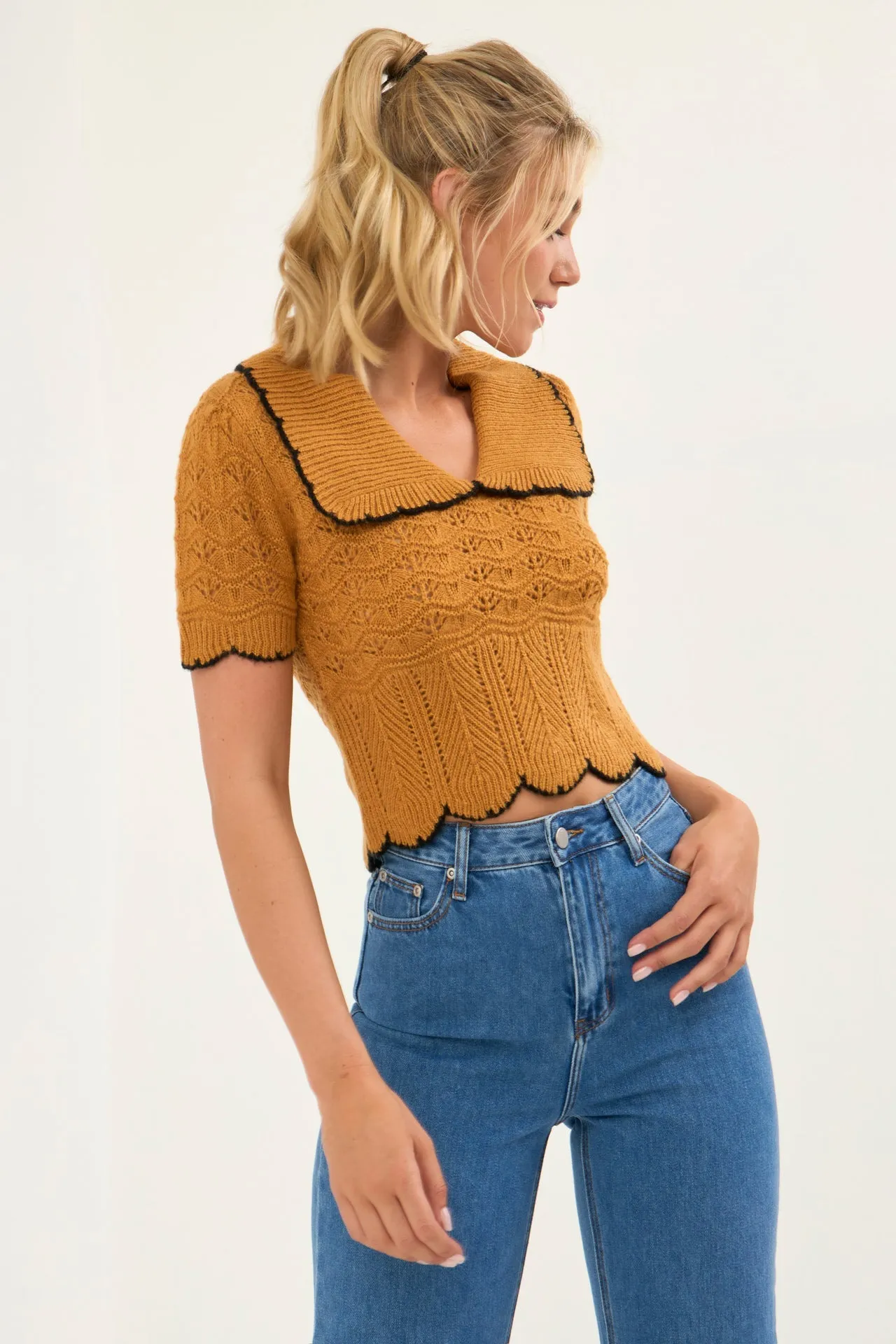 Endless Rose - Short Puff Sleeve Scalloped Knit Top