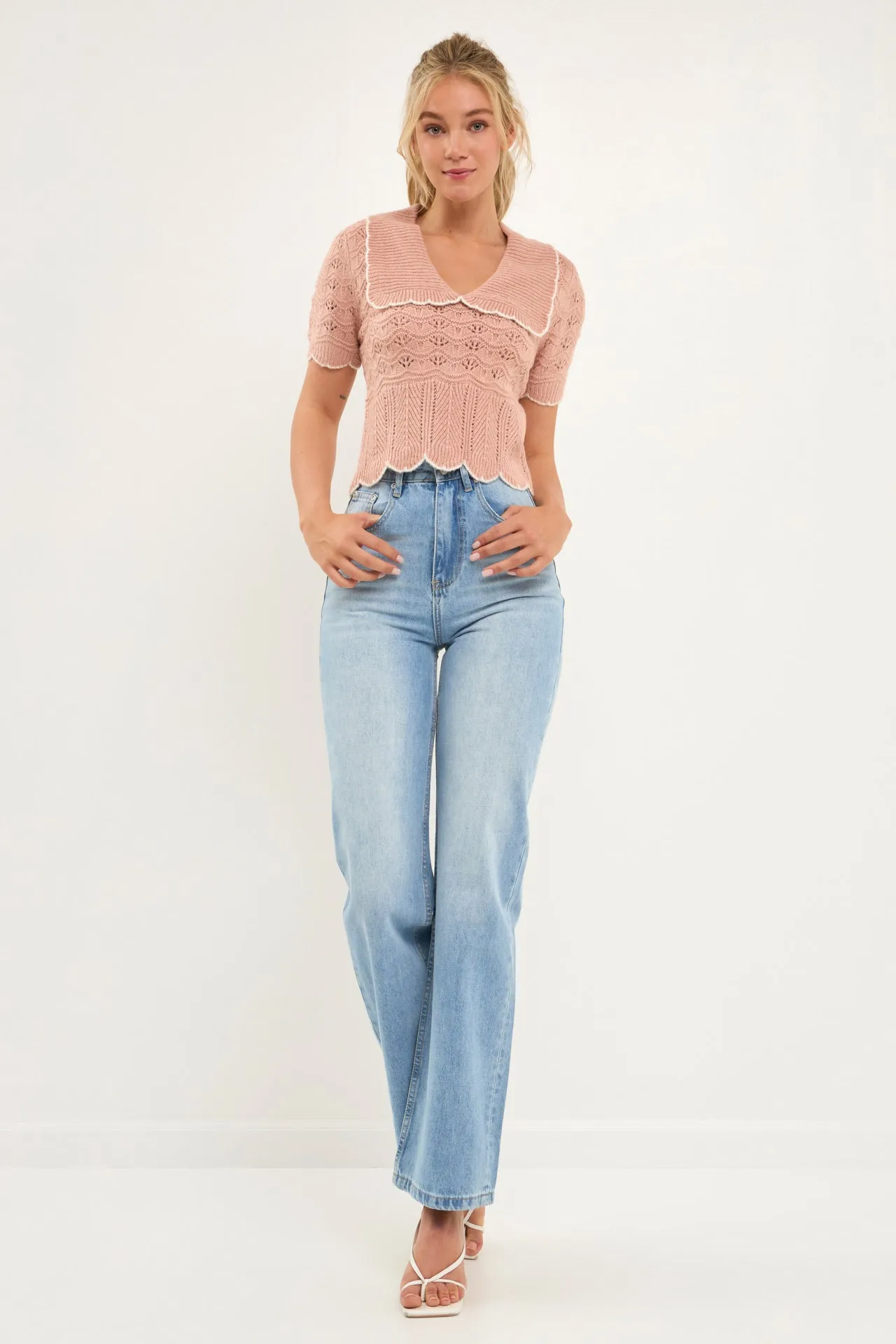 Endless Rose - Short Puff Sleeve Scalloped Knit Top