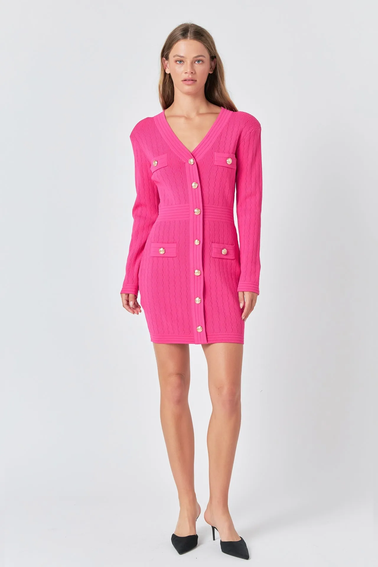 Endless Rose - V-neck Long Sleeve Knit Mini Dress