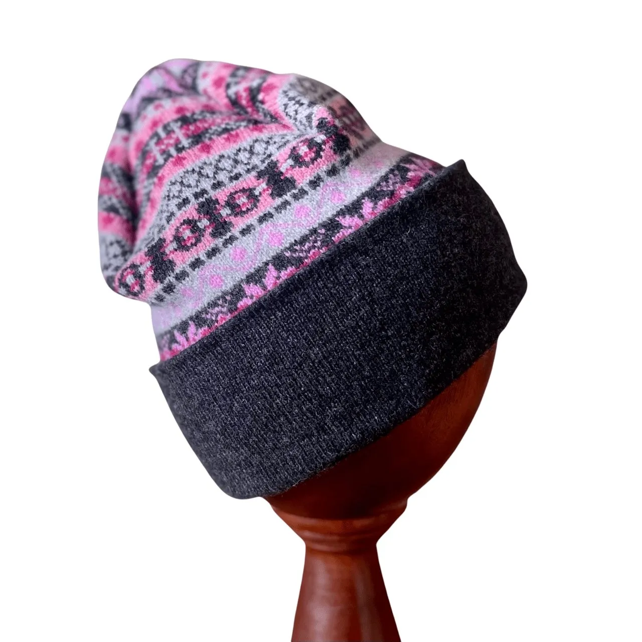 Fair Isle Knit Lambswool Hat - Lush Pink